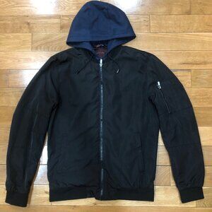 Zara Man Basic Black Bomber Jacket With Attached Navy Jersey Hood Size M